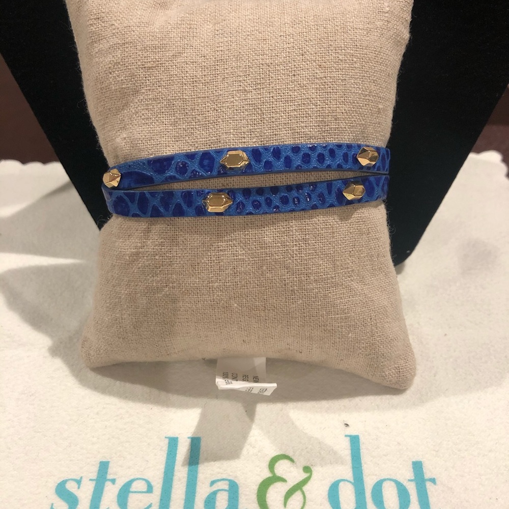 Blue leather double wrap bracelet.
